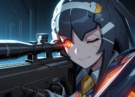 masterpiece, best quality, amazing quality, highres, absurdres,
1girl, adult,
dark, dramatic lighting, abstract background,
close-up, holding rifle, from side, looking through scope,
focused, concentrating, pleased, serious, glowing eye, one eye closed, light smile,
stunning attractive cute 28-years-old woman, robot girl,
<lora:Lisa_-_PSO2_-_Illustrious:1> Lisa-PSO2, Lisa-cast,