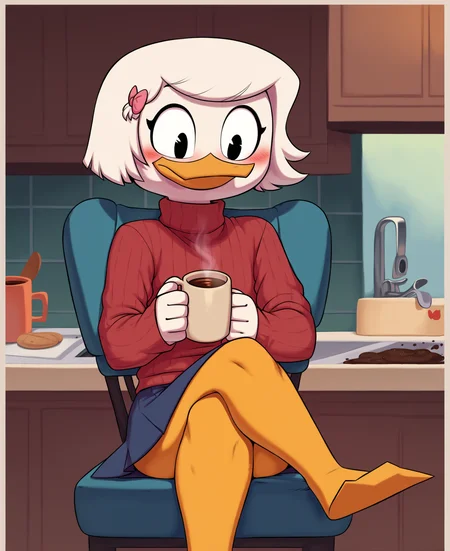 score_9, score_8_up, score_7_up, score_6_up, best quality, highres, source_furry rating_explicit BREAK meesh, by meesh BREAK
1girl, solo, inside, kitchen, duck, beak, webby vanderquack, young, white skin, white hair, short hair, black eyes, sitting on chair, orange legs, turtleneck, sweater, ribbed sweater, skirt, coffee mug, blush, crossed legs <lora:Webby_Vanderquack:1> <lora:Meesh_Style_PonyXL:0.7>