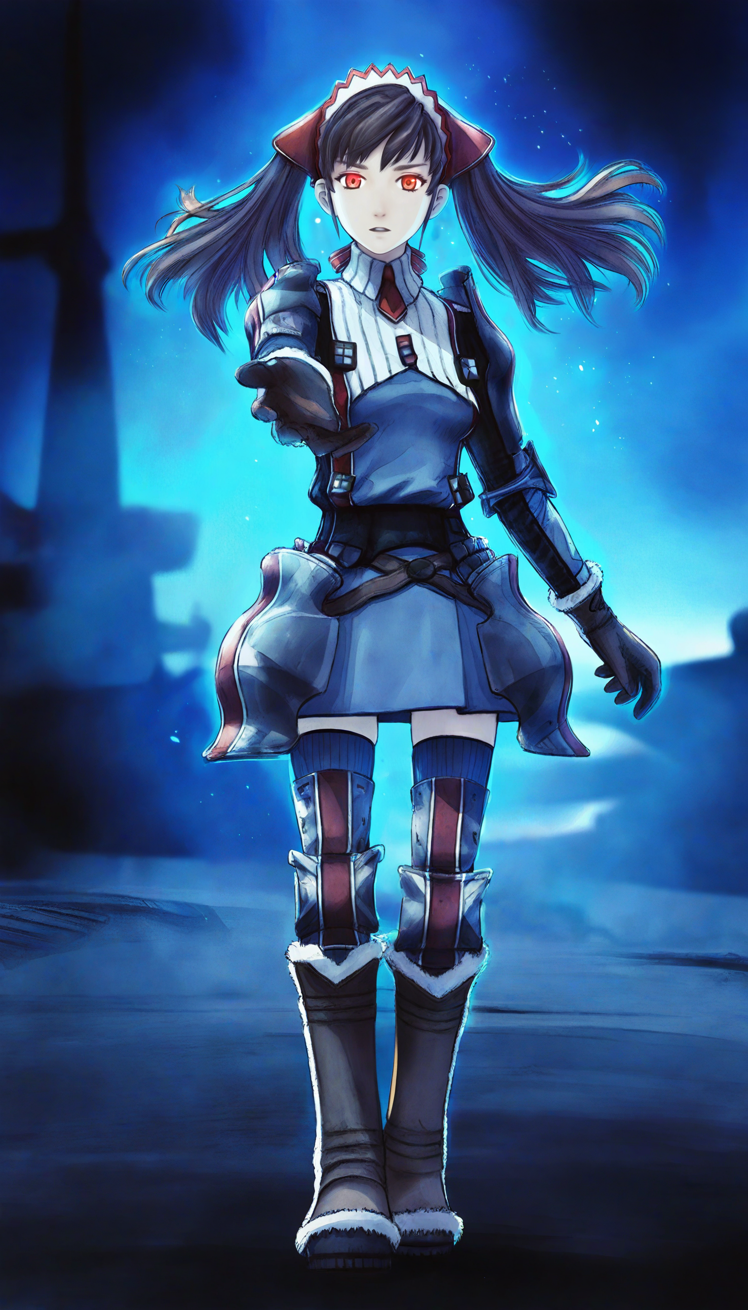 masterpiece,best quality,amazing quality,
<lora:aliciamelchiottNAI:1>,aliciamelchiott,
1girl,solo,white hair,twintails,bangs,red eyes,headdress,military uniform,red necktie,shoulder armor,elbow pads,armor skirt,leg guards,brown gloves with fur trim,brown belt,dark blue skirt,dark blue thighhighs,knee boots with fur trim,
looking at viewer,parted lips,
flowing hair,walking,
outdoors,night,glowing blue light,battlefield,glowing eyes,reaching out one hand,spread fingers,blue aura,
soft lighting,light particles,
depth of field,vignetting,