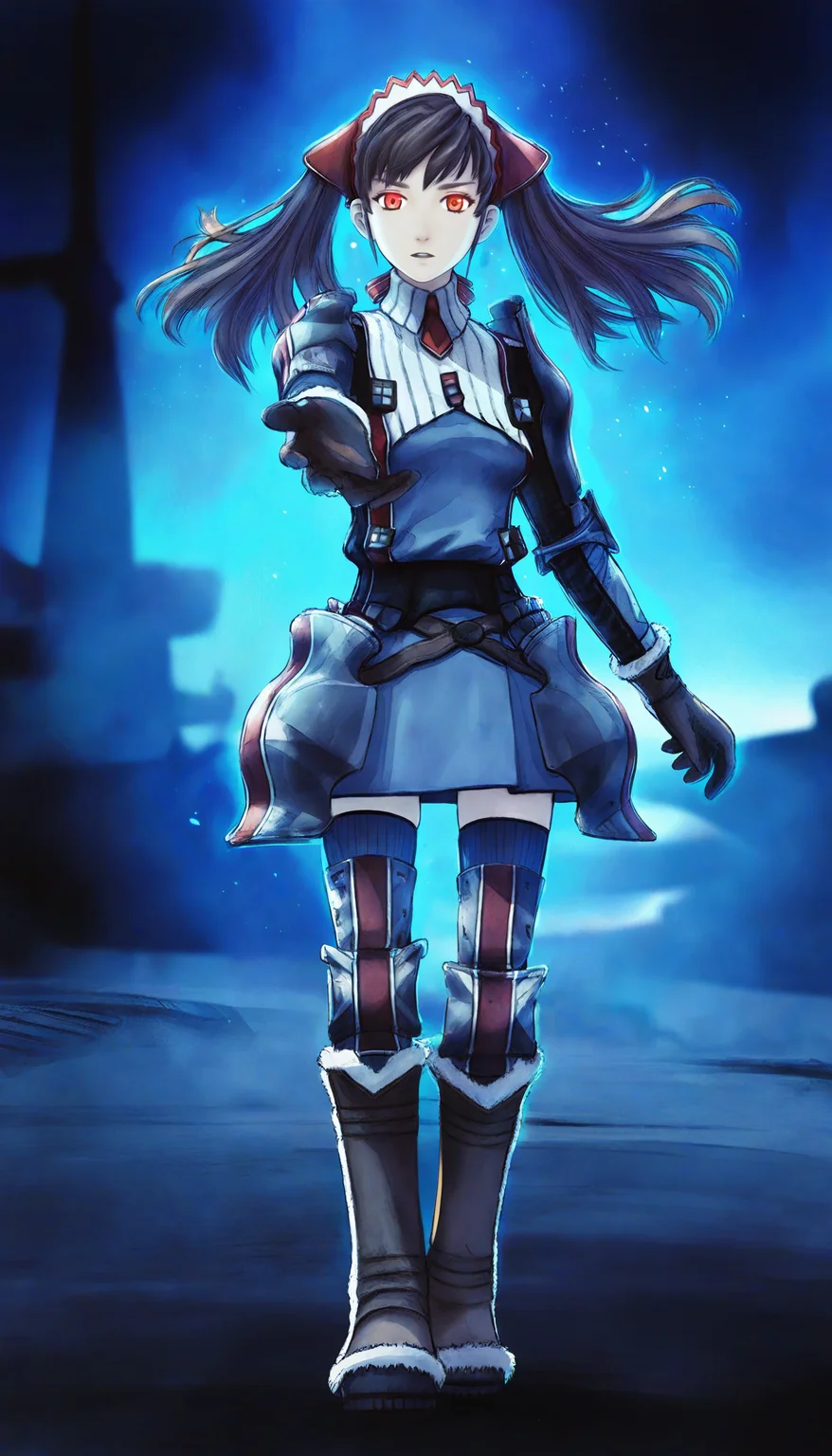 masterpiece,best quality,amazing quality,
<lora:aliciamelchiottNAI:1>,aliciamelchiott,
1girl,solo,white hair,twintails,bangs,red eyes,headdress,military uniform,red necktie,shoulder armor,elbow pads,armor skirt,leg guards,brown gloves with fur trim,brown belt,dark blue skirt,dark blue thighhighs,knee boots with fur trim,
looking at viewer,parted lips,
flowing hair,walking,
outdoors,night,glowing blue light,battlefield,glowing eyes,reaching out one hand,spread fingers,blue aura,
soft lighting,light particles,
depth of field,vignetting,