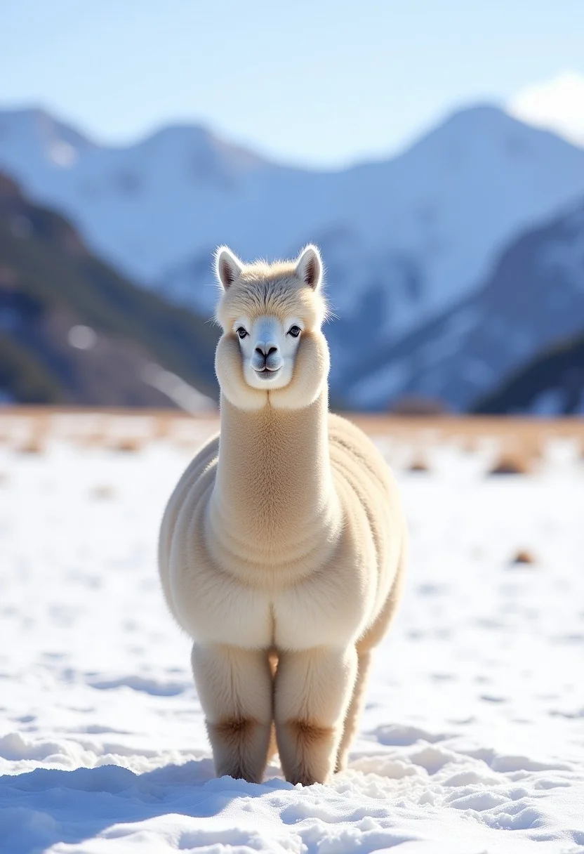 A photograph of a single very fluffy alpaca standing in a snowy landscape. mountains in the background, sunny day