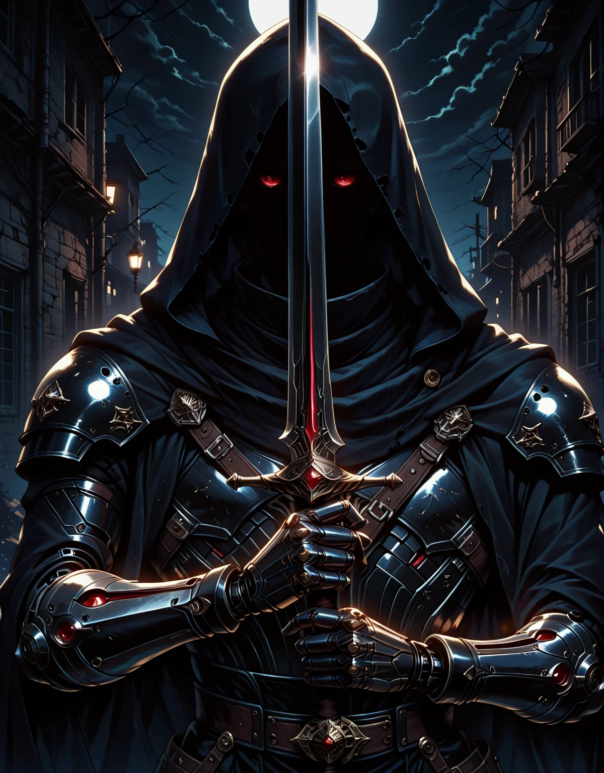 score_9,score_8_up,score_7_up,
(((solo))), (((1boy))), (((close up shot))),
(black silhouette:1.5), no eyes, faceless, no highlights <lora:Shadows_illusXLNoobAI_Incrs_v1.2:1>, muscular, demon's eyes, red eyes, colored sclera, eye focus, black sclera, red sclera, slit pupils, split eyes,
wearing (black cloak), (swept cloak), brown belt, short torn cape, pauldron,black pants, fingerless gloves, metal chestplate, dark grey old plastron, shoulder strap, pink scarf, (((single robot arm))), (((single mechanical hand))), (hooded),
standing, action pose, holding rapier, <lora:swordsalute-pose-richy-v1_ixl:1> swordup, ((close-up)), holding rapier,
Expressiveh, <lora:Expressive_H:0.8>, (looking at viewer),
(dynamic angle:1.3),
<lora:lightingSlider:-0.5>, DARK,
(outdoors), night, black_background,dark,night, ruins, destroyed medieval city,
best quality, high resolution, distinct image, Cinematic light, intricate_detail, highres, official art, high-resolution illustration, 8k, Dynamic Range, tonemapping, crisp details, extremely detailed CG unity 8k wallpaper, deviantart hd, artstation hd, concept art, award-winning photography, margins,backlight, 12k, ray tracing, cinematic lighting, art by Grzegorz Rutkowski,
<lora:Dramatic Lighting Slider:1.85>, chiaroscuro, <lora:ponyxl\cfg_scale_boost:0.8>, <lora:iLLMythG0thicL1nes:0.3>, G0thicL1nes, <lora:add-detail-xl:0.4>, aidmaMJ6.1 <lora:aidmaMJ6.1_v0.5_IL:0.4>, <lora:TOLuCTIllustriousXL_byKonan:0.3>, <lora:HyperdetailedColoredPencilIl:0.3> ArsMJStyle, Colored pencil hyperdetailed realism, <lora:Marvel_Ilu:0.25>, marvelrivals, <lora:SexyWaifuLicious:0.2>, <lora:Ethereal_Noire:0.2> <lora:MatteSkin_Illustrious_v4:0.9>