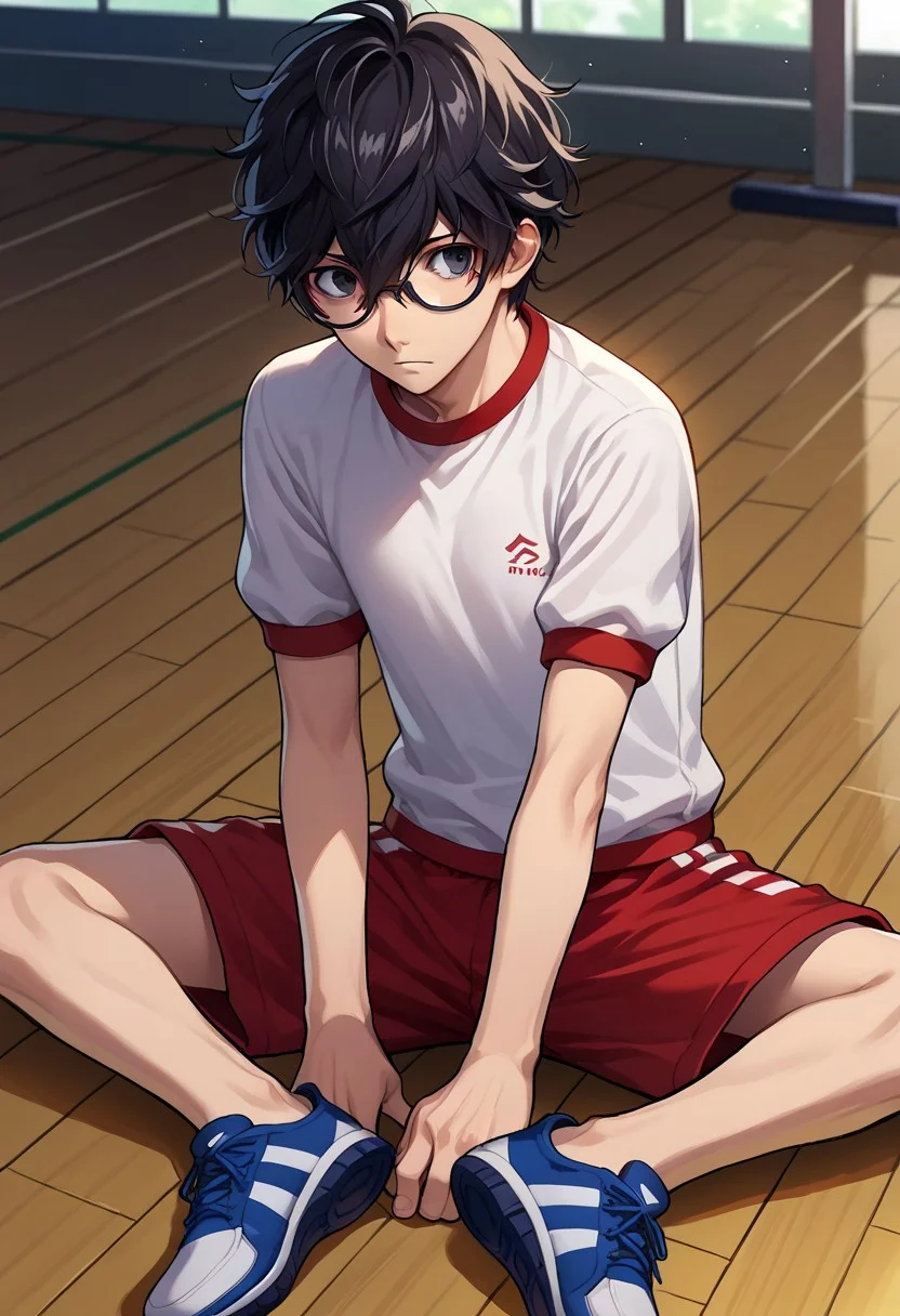 score_9, score_7_up, source_anime
1boy, 1boy, male focus, solo, black eyes, black hair, hair between eyes, glasses, short hair, gym uniform, shirt, white shirt, short sleeves, shorts, red shorts, shoes, sneackers,
indoor, sit, on floor, gym,