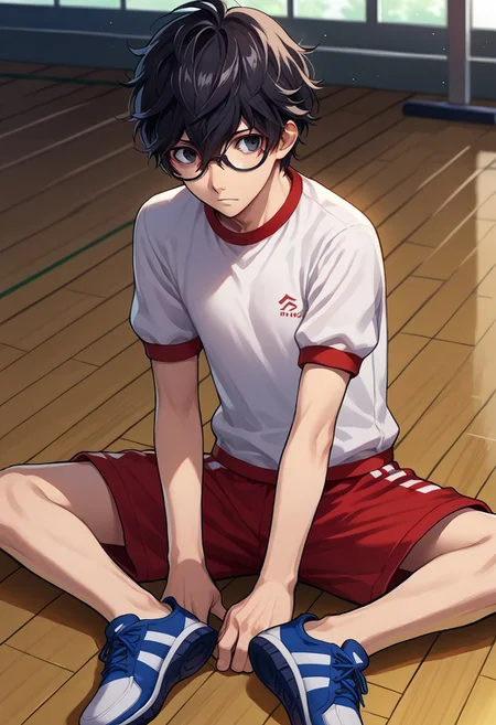 score_9, score_7_up, source_anime
1boy, 1boy, male focus, solo, black eyes, black hair, hair between eyes, glasses, short hair, gym uniform, shirt, white shirt, short sleeves, shorts, red shorts, shoes, sneackers,
indoor, sit, on floor, gym,