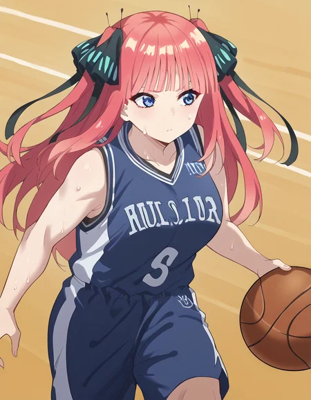 score_9, score_8_up, score_7_up, source_anime, <lora:nnakano-s2-ponyxl-lora-nochekaiser:1>, long hair, bangs, blue eyes, hair ornament, hair ribbon, pink hair, blunt bangs, two side up, butterfly hair ornament, large breasts,, <lora:basketball-dribbling-ponyxl-lora-nochekaiser:1> basketball dribbling, dribbling (basketball), basketball, basketball (object), basketball court, playing sports, ball, sweat, steam, running,, <lora:basketball-uniform-ponyxl-lora-nochekaiser:1> basketball uniform, basketball jersery, sportswear, jersey, shorts, sleeveless,, cowboy shot,