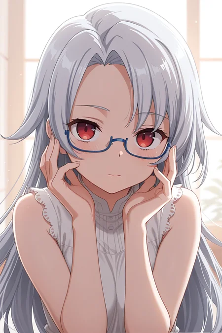 masterpiece, best quality, amazing quality,
 <lora:Shiro_IL:1> shiro, 1girl, glasses, solo, red eyes, long hair, looking at viewer, semi-rimless eyewear, under-rim eyewear, grey hair, blue-framed eyewear, closed mouth