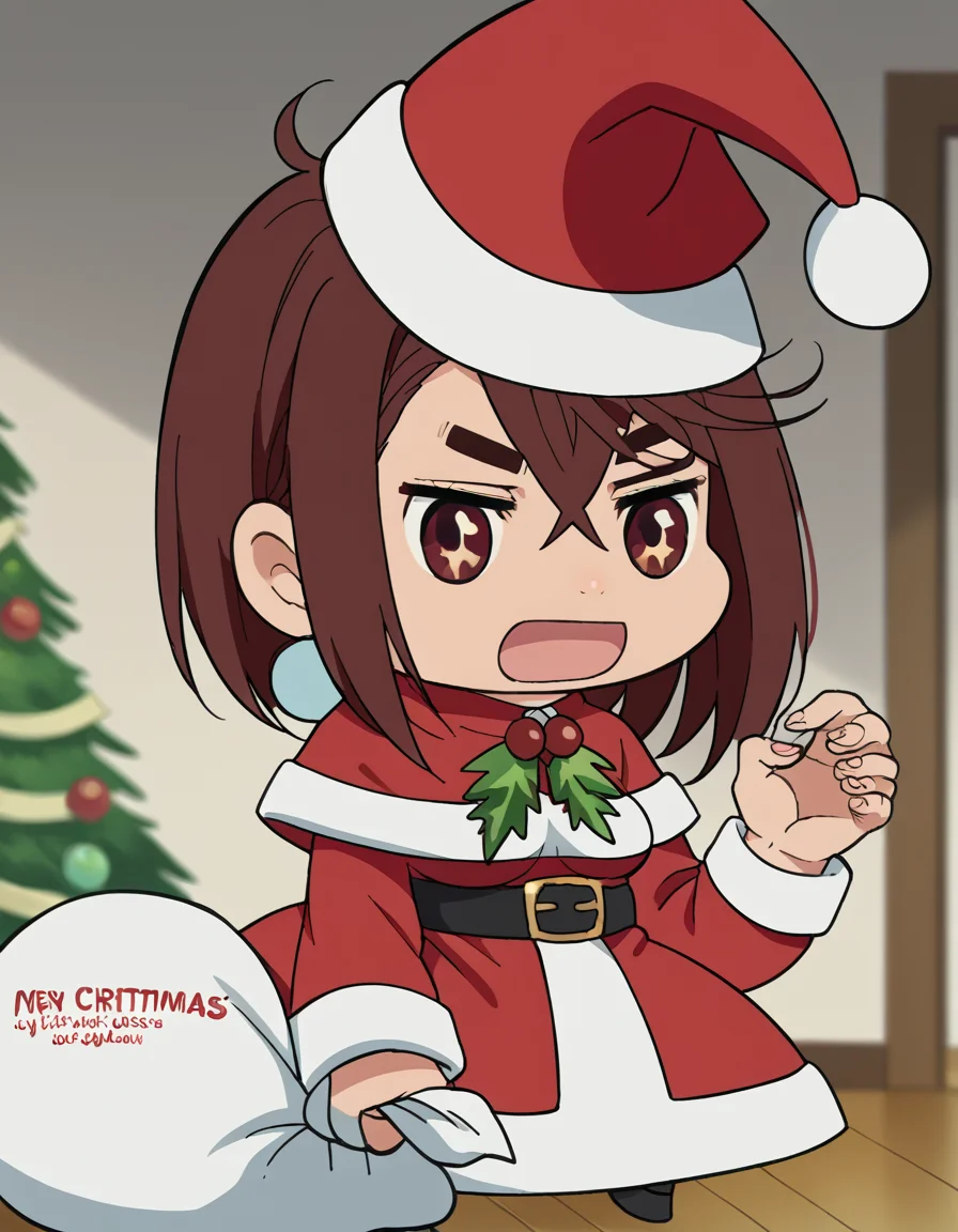 score_9, score_8_up, score_7_up, source_anime, <lora:momo-ayase-s1-ponyxl-lora-nochekaiser:1>, momo ayase, short hair, brown hair, brown eyes, bangs, thick eyebrows, medium breasts, anime screencap,, <lora:padoru-ponyxl-lora-nochekaiser:1>, padoru, padoru (meme), holding sack, sack, santa hat, meme, christmas, open mouth, chibi, red capelet, santa dress, capelet, fur-trimmed headwear,, , dutch angle, cowboy shot