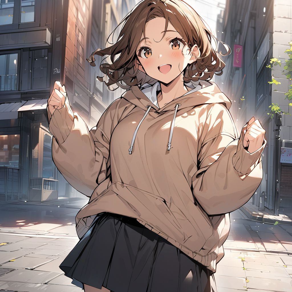 (best quality:0.8) perfect anime illustration, a pretty, happy woman with short curly brown hair on the street in the city, wearing a hoodie, skirt