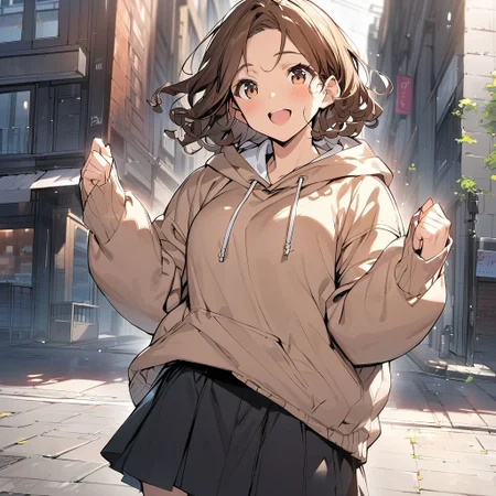 (best quality:0.8) perfect anime illustration, a pretty, happy woman with short curly brown hair on the street in the city, wearing a hoodie, skirt