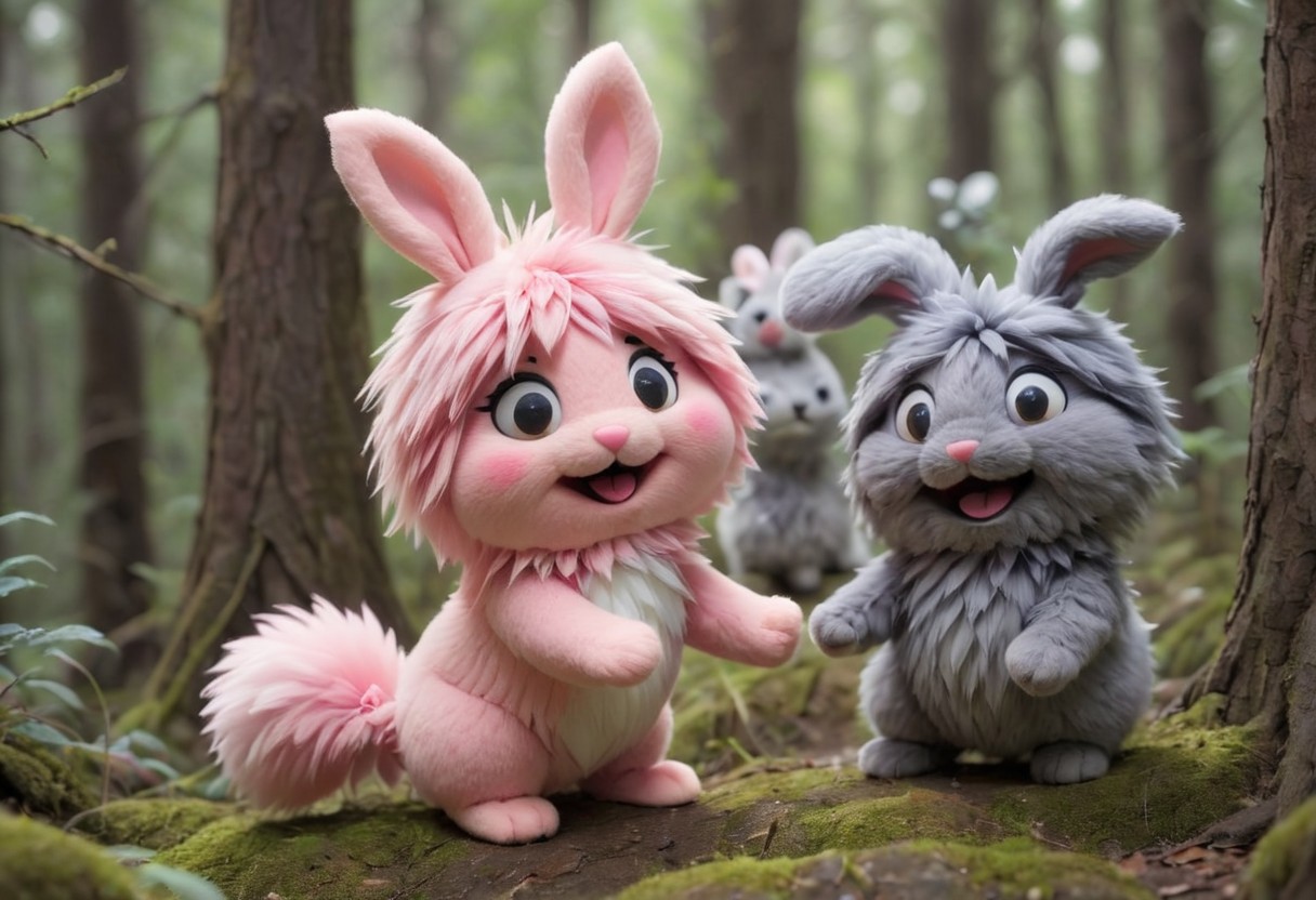 source_anime, Cute wonderful creatures, Microphotography, chibi, cute  fluffy rabbits ,pink and grey, playing joyfully in a dreamy forest, ispzxll, In a felt puppet world style,