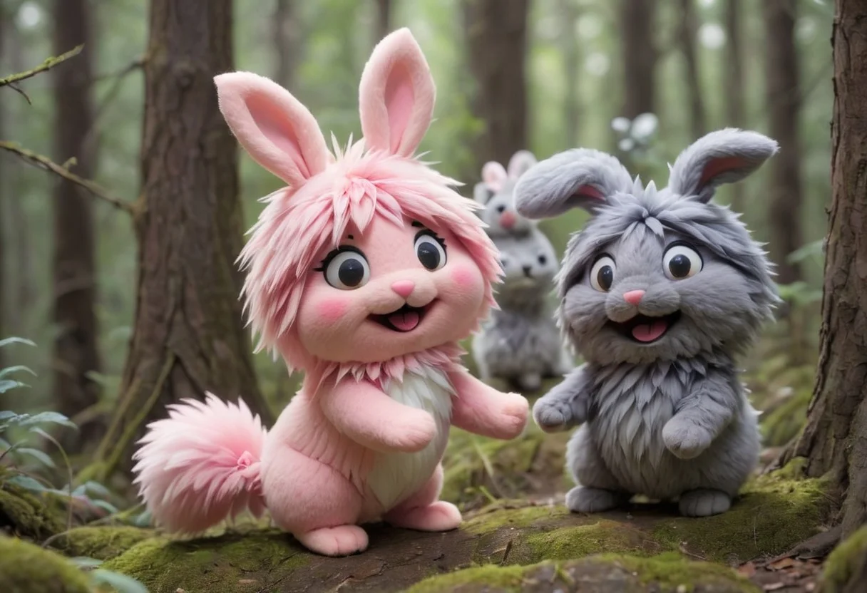 source_anime, Cute wonderful creatures, Microphotography, chibi, cute fluffy rabbits ,pink and grey, playing joyfully in a dreamy forest, ispzxll, In a felt puppet world style,