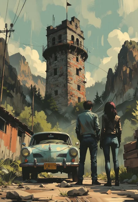 OBxiaoxiang, Special Ink-drawing mode, Mh1$AgThS2, intricate linework with expressive contrasts, inksketch of a A shattered castle tower rose against the sky at the end of a ravine Is made of old stone bricks dirty and worn out. A pale blue Volkswagen Karmann Ghia is parked on the side of the dirty road. A man in blue suit and a black woman black leather jacket and jeans are looking at the tower. The overall style is reminiscent of comic book art. The overall style is a blend of realism and noir movie. The interplay of light and shadow enhances the mood, capturing a moment of tense introspection, drama, and mystery in an country setting.