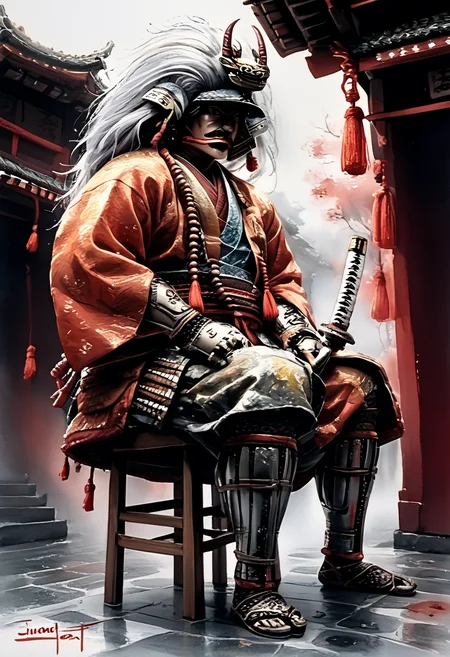 score_9,score_8_up,score_7_up,
Male illustration,50 years old,mature man,ambitious,beast-like sharp gaze,chubby but muscular,Japanese samurai,16th century,dramatic lighting,high contrast,decorative,atmospheric,haunting beauty,texture,(dynamic angle),round face,black,gray,red,yellow,
from front,sitting on small folding stool, ,splash art,highly detailed illustration,trending on Artstation,paint splashes,perfect composition,watercolor,sharp focus,intricate details,highly detailed,holding katana,
White background,mustache(1.3),windy,dynamic pose,dynamic angle,
Watercolor,<lora:BDpony_TakedaShingen_V1:0.9>,Takeda Shingen,
<lora:Midjourney_5:0.6>,<lora:WaterColorV3:0.8>,