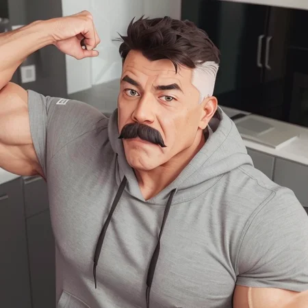 man,<lora:omniman:0.6>, mustache, muscular, flexing muscules, gray hoodie, upper body close up,