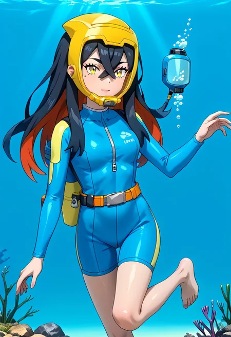 wide angle:0.34, PokemonStyle, pokemon \(anime\), full body,solo female, score_9, score_8, score_7, score_6_up, source_anime, anime coloring, anime screencap, official art,
BREAK full body, 1girl, black hair, colored inner hair, crossed bangs, hair between eyes, hairband, long hair, mole, mole under eye, multicolored hair, red hair, sidelocks, two-tone hair, yellow eyes, floating hair, (blue wetsuit), long sleeves, bare legs, beautiful legs, barefoot,
BREAK
(pokemoncarmine wearing (snug fitting, face-sized(yellow divemask contoured to face))), (mask overlapping chin, mask overlapping cheeks, mask overlapping jawline), (bangs overlapping mask), shiny glass visor:0.5,
BREAK underwater, seafloor, rocks, blue background:0.25, blue overlay:0.55, seaweed, neck
BREAK blue background:0.25, bubbles, BREAK mask snugly on face, regulator, breathing tube, orange oxygen tank strapped to back, harness tightly on chest, belt, swimmingai, floating, bubbles, looking at viewer, diving, looking to side, aloof, closed mouth