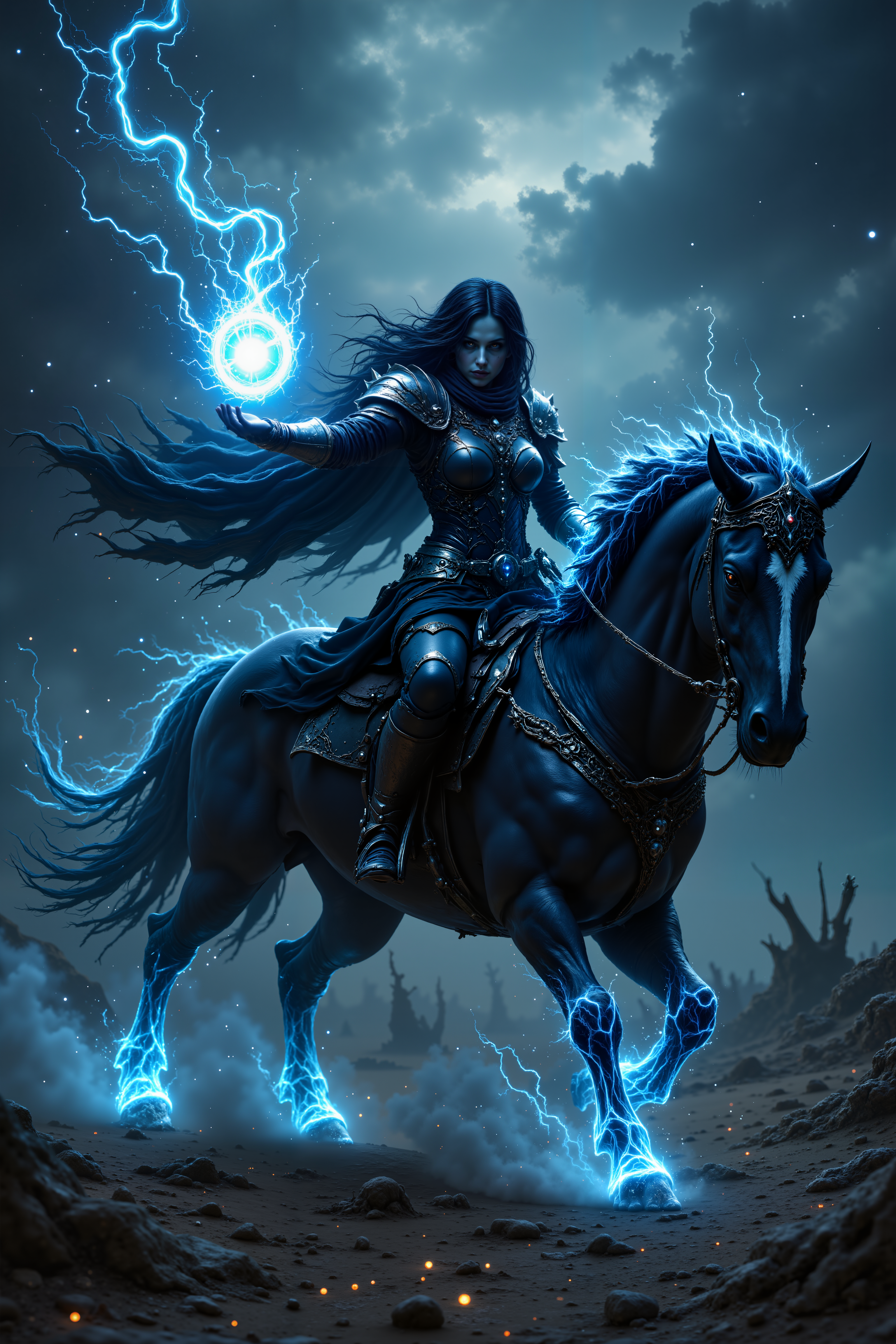 A night rider whose armor blends leather, metal, and living shadow. Her mount appears constructed from midnight mist and starless energy. Weapons materialize from darkness around her body. Silver threads trace magical connections across her equipment. Desolate landscape of eternal twilight surrounds her. , detailed background  Fantastic lighting. Detailed shadows.intricate details, vivid colors, hyper-detailed, ultra-sharp, , <lora:FluxMythR3alisticF><lora:PCB_Image_Enhancer_for_FLUX:0.35>