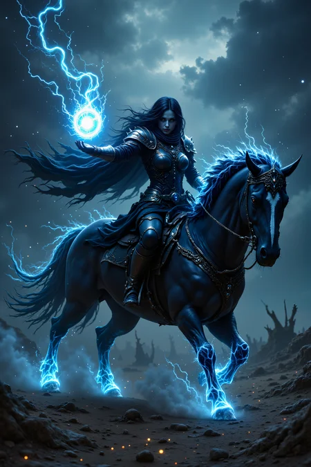 A night rider whose armor blends leather, metal, and living shadow. Her mount appears constructed from midnight mist and starless energy. Weapons materialize from darkness around her body. Silver threads trace magical connections across her equipment. Desolate landscape of eternal twilight surrounds her. , detailed background Fantastic lighting. Detailed shadows.intricate details, vivid colors, hyper-detailed, ultra-sharp, , <lora:FluxMythR3alisticF><lora:PCB_Image_Enhancer_for_FLUX:0.35>
