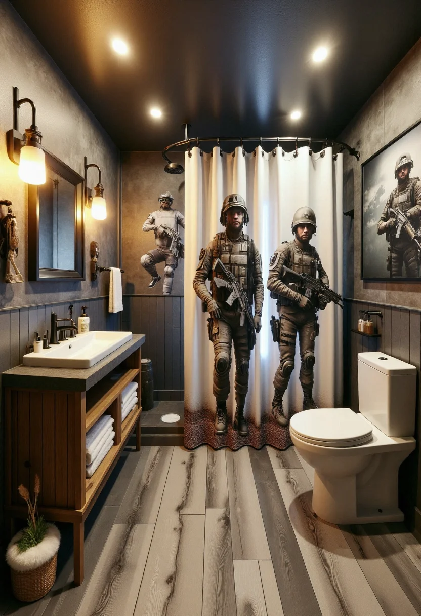 <lora:Custom_Bathroom_Crafter_FLUX-000013:0.9>
This is a photograph of a rugged, modern warfare-themed bathroom.