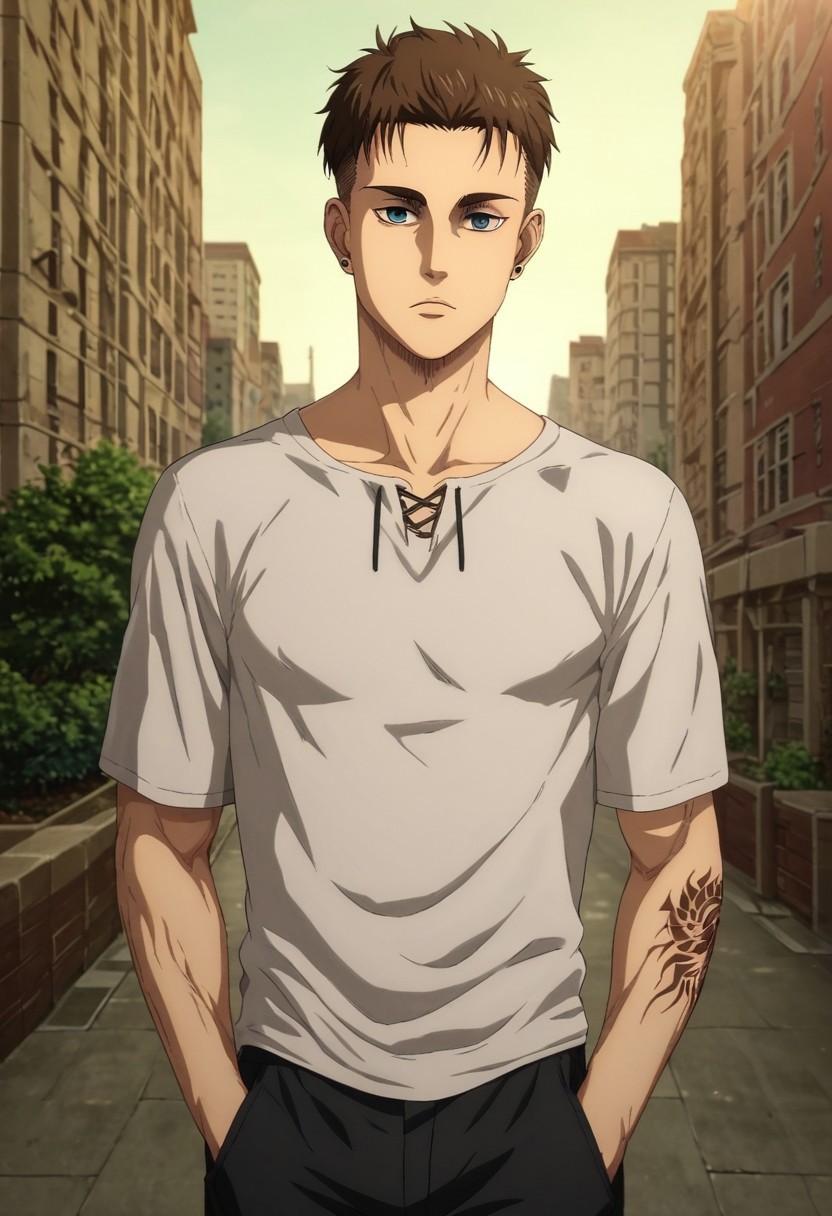 score_9, score_8_up, score_7_up, source_anime, rating_safe, intricate details, (photorealistic:0.6), looking at viewer, , 1boy, solo, male focus, <lora:eren_yeager_s4:0.96>, eren_yeager_s4, brown hair, blue eyes, adult face, small forehead, high fade haircut, very short hair, hair completely shaved on the sides, messy hair, stubble, asymmetrical, rooftop in a large city, body standing straight, lighting, day, sunny, beautiful, best render, realistic, white t-shirt,  half-closed eyes, hands in pockets,  <lora:Epic_tattoo_man:0.7>, veiny arms, relaxed body, ear piercing, front focus, distracted, aloof, oblivious,<lora:sdxl_lightning_8step_lora:1>