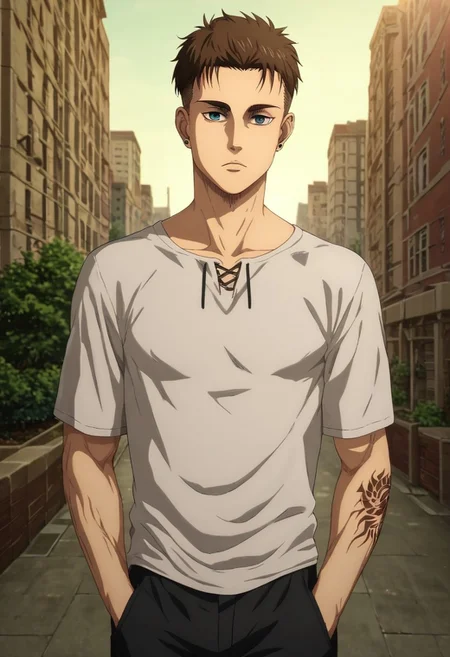 score_9, score_8_up, score_7_up, source_anime, rating_safe, intricate details, (photorealistic:0.6), looking at viewer, , 1boy, solo, male focus, <lora:eren_yeager_s4:0.96>, eren_yeager_s4, brown hair, blue eyes, adult face, small forehead, high fade haircut, very short hair, hair completely shaved on the sides, messy hair, stubble, asymmetrical, rooftop in a large city, body standing straight, lighting, day, sunny, beautiful, best render, realistic, white t-shirt,  half-closed eyes, hands in pockets,  <lora:Epic_tattoo_man:0.7>, veiny arms, relaxed body, ear piercing, front focus, distracted, aloof, oblivious,<lora:sdxl_lightning_8step_lora:1>