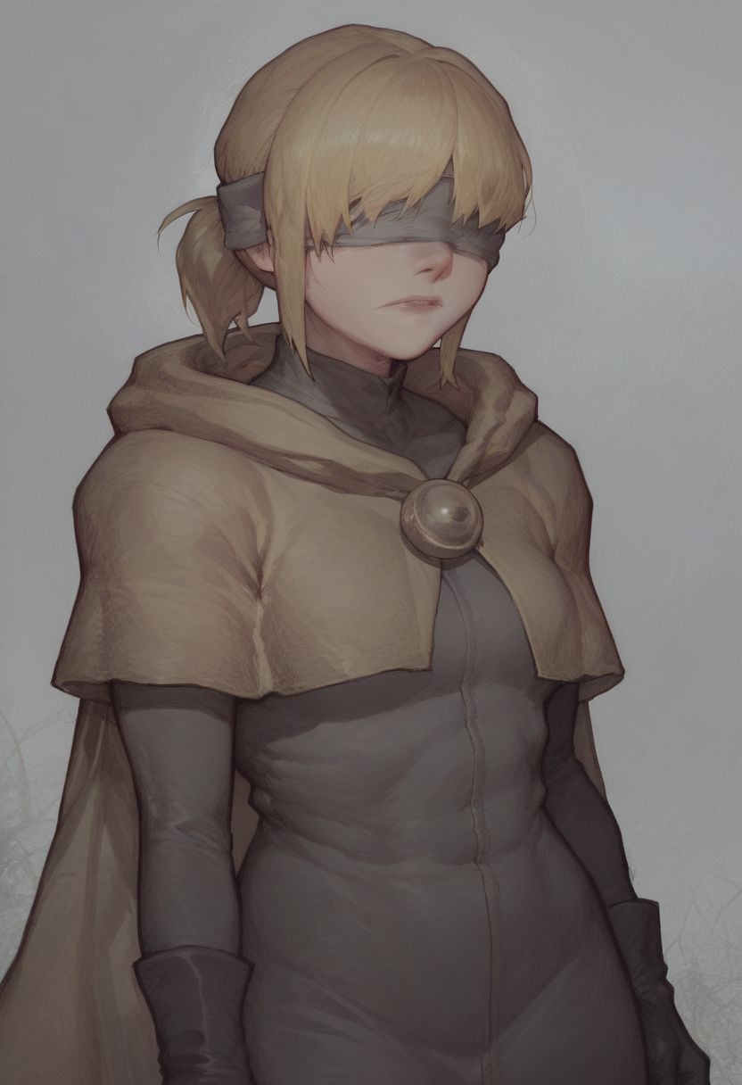 score_9, score_8_up, score_7_up, 1girl, blonde hair, short ponytail, bangs, grey blindfold, covered eyes, yellow cloak, black gloves, hide capelet,