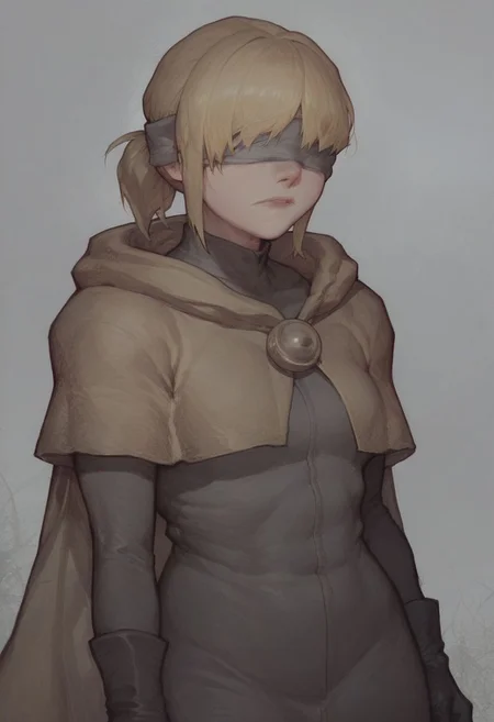 score_9, score_8_up, score_7_up, 1girl, blonde hair, short ponytail, bangs, grey blindfold, covered eyes, yellow cloak, black gloves, hide capelet,
