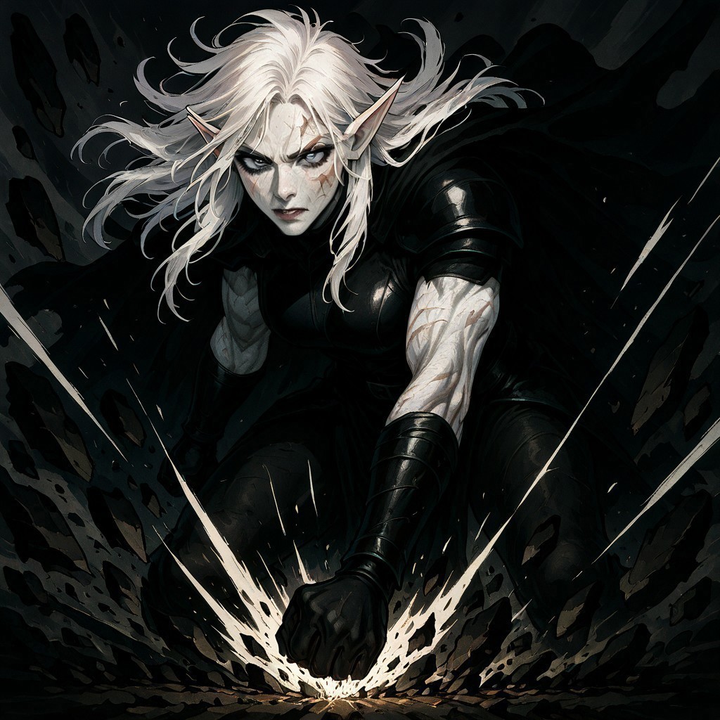 masterpiece, best quality, newest, absurdres, highres,  ESPV1.0, punching, clenched hand, attack, rocks,, 1girl, pale, white skin, colored skin, pale skin, elf, pointy ears, muscular woman, armor, cape, leather armor, scar, scars on face, white hair, long hair, messy hair, black armor, black leather, dynamic pose,