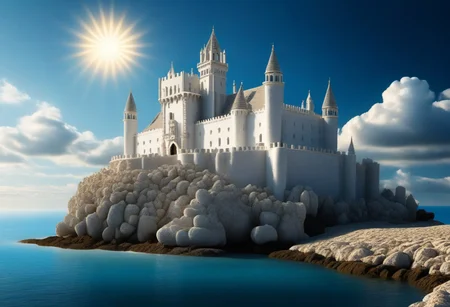 a (white stonework castle) on a (rock spire) in a bay, (stone pier, Mole, Jetty), battlement, crenellations, Machicolations, rough sea, blue sky, clouds, sun beams, best quality, high Contrast, masterpiece, realistic, photo-realistic, amazing, finely detail, ultra-detailed, highres, extremely detailed, 8k wallpaper, wizz style