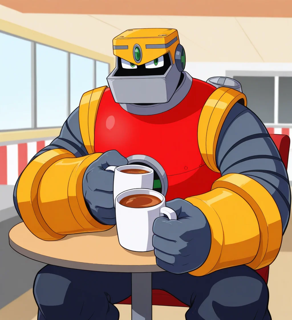high res, absurd res, digital media (artwork), solo focus, male, holding a hot mug of tea, sitting at table, sitting in chair, diner background, <lora:Guts_Man_EXE_IL:1> gut5m4nexe, robot, mouthless, big chin, back accesory, armor, big muscles, big hands, green eyes