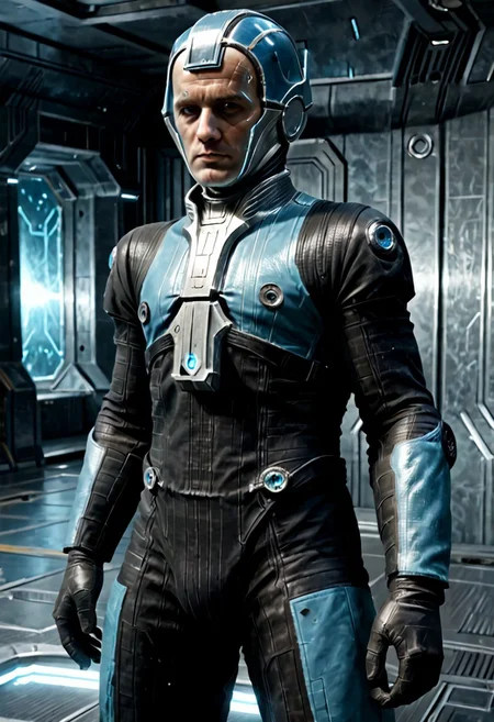 Corpus crewman in a spaceship corridor, science fiction, dramatic shot, male focus, 1boy, male corpus crewman wearing corpus crewman helmet, robot, rectangular helmet, blue light bar on helmet, brown and black corpus crewman suit, (helmet with hard edges, helmet with a flat front face, helmet with hard corners, helmet with blue light strip), black shoulder pad, tubes from metal chest plate, black gloves with silver palms, blue circle near hips, metal bands below fore arm, fit, athletic build, square patch on thigh, holding electric baton,
realistic texture, realism, best quality,
(((Corpus, corpus crewman, Tan and black corpus suit, corpus tileset, Corpus helmet, wearing helmet, wearing corpus helmet,))) moa in the background, two legged robot in the background,