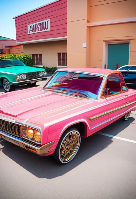 score_9, score_8_up, score_7_up, extremely detailed, (rating_masterfull:1.3), sharp focus, HD, crisp lines, clear seperation, masterpiece, best quality, ultra_detailed, highres, absurdres, car, 64impala,
Hydraulics,
lowrider,
lowrider_backside, Lowrider_hopping, compton_street,
gypsy_rose_lowrider,
64impala,
hydraulics,
lowrider,
c4ndypaint,
compton_house,