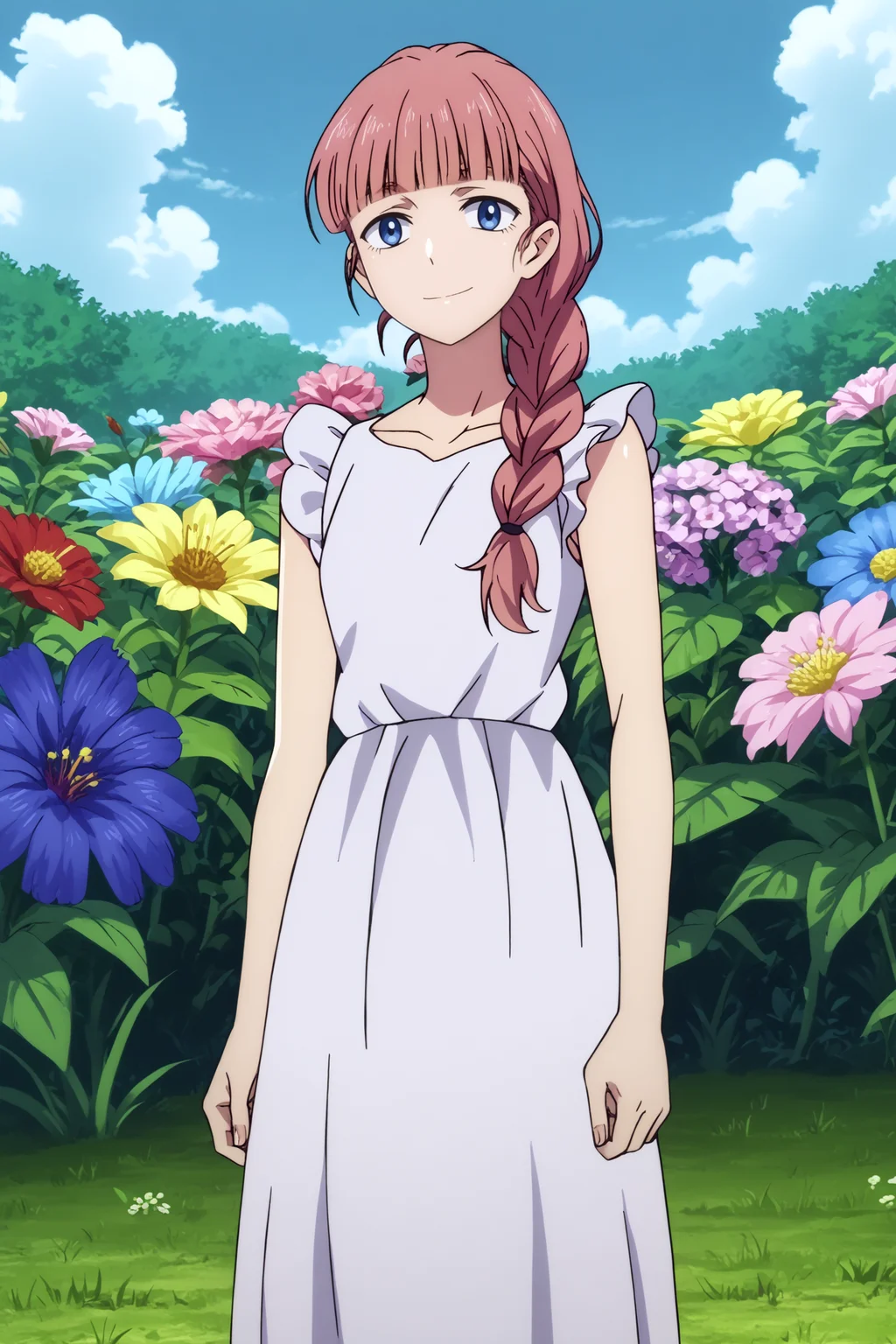 tokiko hishigata,1girl,solo,braid,hair over shoulder,long hair,bangs,blunt bangs,dress,standing,smile BREAK outdoors,flower,flower_field, pink flowers <lora:Tokiko_Hishigata_-_Summer_Time_Rendering.safetensors:0.8> <lora:detailed_backgrounds_v2.safetensors:0.5>