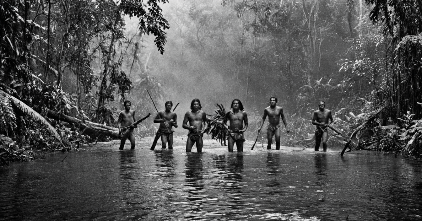 black and white photograph of few indigenous people hunting in the amazonian rain forest, insane details, dramatic lights, high definition, 35mm camera, film photography style, heavy grain, ral-chrosc-bw, masterpiece, national geographic style, strong vignette, high contrast