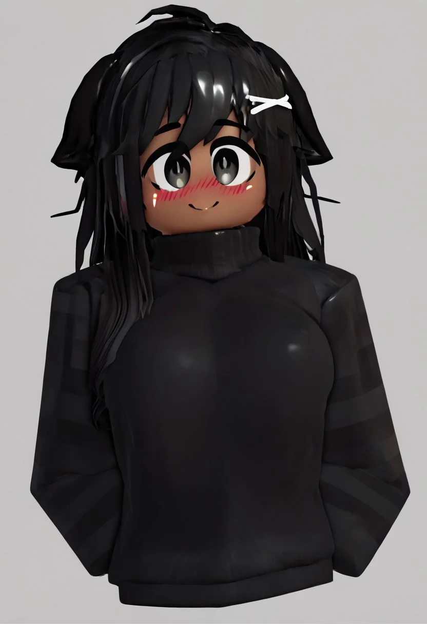  score_9, score_8_up, score_7_up, 1girl, mestizo skin, dark skin, black hair, simple background, black sweater, turtleneck, smiling, blushing, long hair, messy hair, l1ztroyrr34, roblox, 3d, blocky body