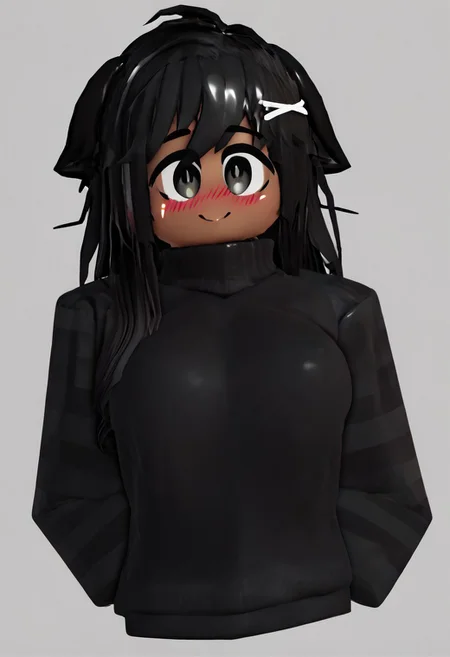 score_9, score_8_up, score_7_up, 1girl, mestizo skin, dark skin, black hair, simple background, black sweater, turtleneck, smiling, blushing, long hair, messy hair, l1ztroyrr34, roblox, 3d, blocky body
