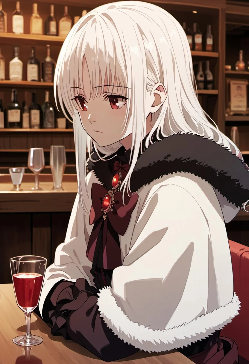 score_9, score_8_up, score_7_up, source_anime,kushina anna, white hair, long hair, red eyes, 1girl, solo, drinking glass, fur trim, cup, indoors, bar (place)