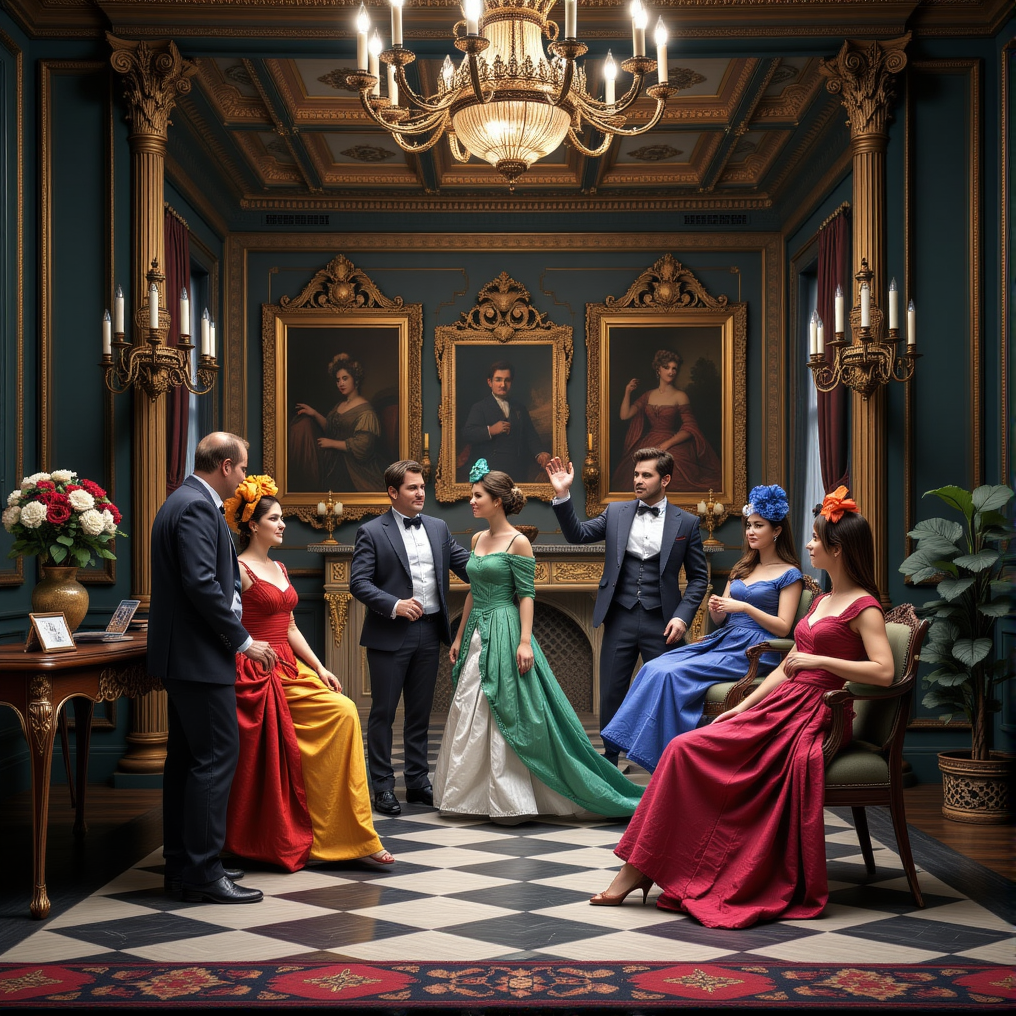 A miniature diorama of masquarade, 19th century,detailed digital illustration of a masquerade ball taking place in a palace, colorful dresses, masks, well-dressed women, glamorous, lascivious, somewhat decadent atmosphere,<lora:Flux.1_Turbo_Detailer:0.7>, <lora:Diorama_Flux:0.8>