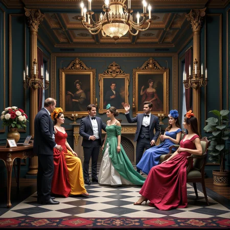 A miniature diorama of masquarade, 19th century,detailed digital illustration of a masquerade ball taking place in a palace, colorful dresses, masks, well-dressed women, glamorous, lascivious, somewhat decadent atmosphere,<lora:Flux.1_Turbo_Detailer:0.7>, <lora:Diorama_Flux:0.8>