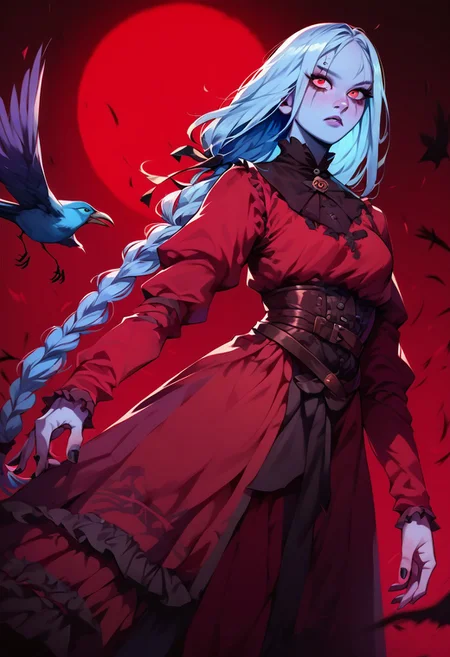 score_9, score_8_up, score_8, score_7_up, score_7,  adult female,,     long hair, dark eyebrow, short,, cute, easynegative, one long braid, light blue hair, light blue skin color, blue skin, spectral body, wearing deep red  dress, ravens around her,crows, red moon in the background, gothic style ,
gwentstyle,
standing, legs, stomach, 
volumetric lighting, detailed skin,perfect eyes,