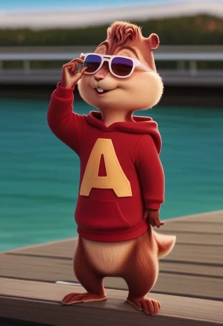 AlvinSeville, furry male, solo, chipmunk, sunglasses, red hoodie, tail, upper body, Realistic, on a yacht, drinking lemonade, pink lemonade, ocean, blue sky