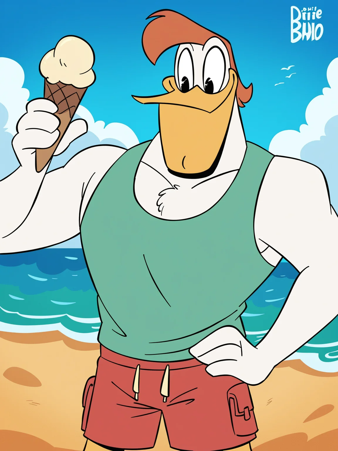 score_9, score_8_up, score_7_up, score_6_up, best quality, highres, source_furry BREAK ppp BREAK (outdoors, beach, detailed background:1.2)
1boy, male, solo, duck, beak,launchpad mcquack, white skin, clothed, black eyes, smile, happy, holding ice cream, looking down, hand on hip, short hair, red hair, anthro, smile, furry, tank top, sleeveless, swimming trunks   <lora:Launchpad_McQuack_2:1>