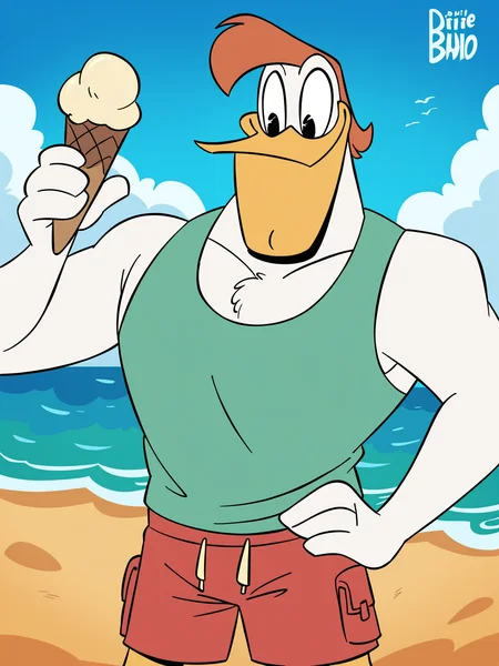 score_9, score_8_up, score_7_up, score_6_up, best quality, highres, source_furry BREAK ppp BREAK (outdoors, beach, detailed background:1.2)
1boy, male, solo, duck, beak,launchpad mcquack, white skin, clothed, black eyes, smile, happy, holding ice cream, looking down, hand on hip, short hair, red hair, anthro, smile, furry, tank top, sleeveless, swimming trunks <lora:Launchpad_McQuack_2:1>