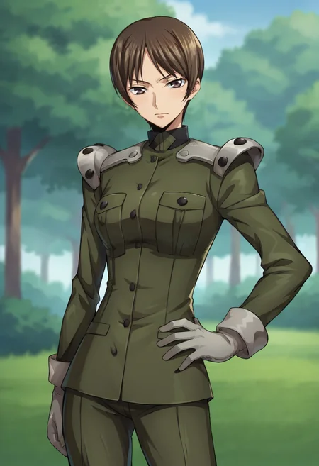 score_9,score_8_up,score_7_up BREAK source_anime,anime,<lora:Nagisa_Chiba_Code_Geass:0.8>,nchiba,1girl,solo,short hair,brown hair,brown eyes,military uniform,gloves,standing,hand on hips,looking at viewer,outdoors,