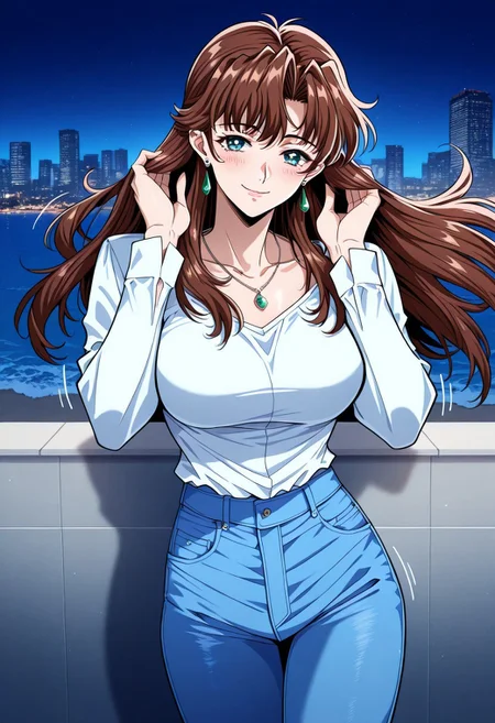 masterpiece, best quality, newest, highres, uncensored, 1girl, yokota mamoru style,1girl, slender face，motion lines,blush
Zeroshiki Makoto,Brown Hair, Long Hair, Parted in Middle,Teal Eyes,Pendant Earrings, Pendant Necklace
Hong Kong, Victoria Harbour, high-rise buildings, seaside, distant view, sea breeze, wearing business clothes, jeans, smiling, floating hair, hands in the ear, touching hair, night