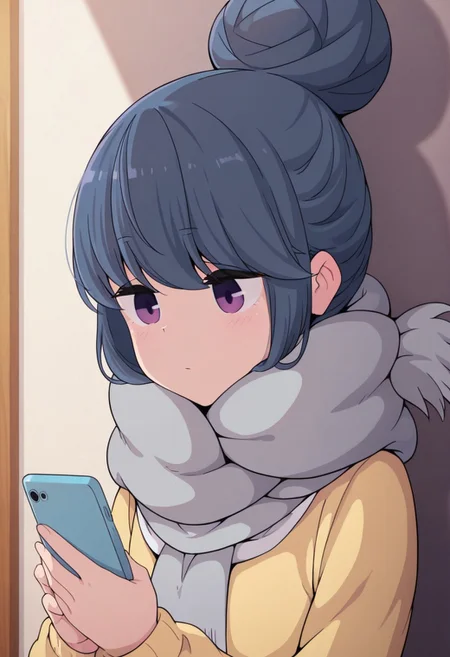 masterpiece,best quality,amazing quality, shima rin, blue hair, purple eyes, 1girl, phone, solo, cellphone, scarf, smartphone, hair bun, holding phone, motosu school uniform, single hair bun, holding, grey scarf, closed mouth, long sleeves