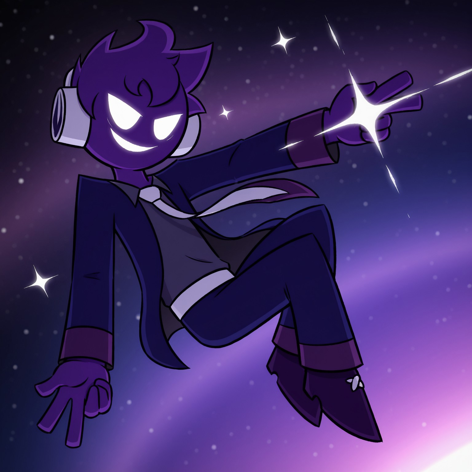 2d, 1boy, solo, Voidfnf, humanoid, purple body, purple hair, white sclera, no pupils, Silver Headphones, indigo jacket, gray undershirt, gray shirt collar, white and purple tie, white belt, indigo pants, purple trims, dark purple shoes

BREAK floating, in space, full body, smile, peace sign, sparkles

BREAK best quality, amazing quality, very aesthetic, absurdres, newest, masterpiece 