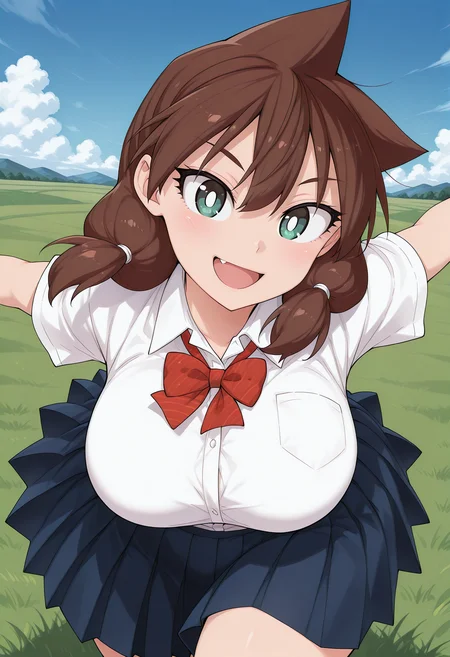 amano_megumi, green eyes, bright pupils, white pupils, brown hair, low twintails, school uniform, red bowtie, collared shirt, short sleeves, pleated skirt, blue skirt, <lora:amano_megumi_illustrious_ver2:0.8>
smile, open mouth, (dynamic pose:1.4),, masterpiece, best quality, sensitive,, 1girl, solo, blue sky, (grasslands:1.2), looking at viewer,
