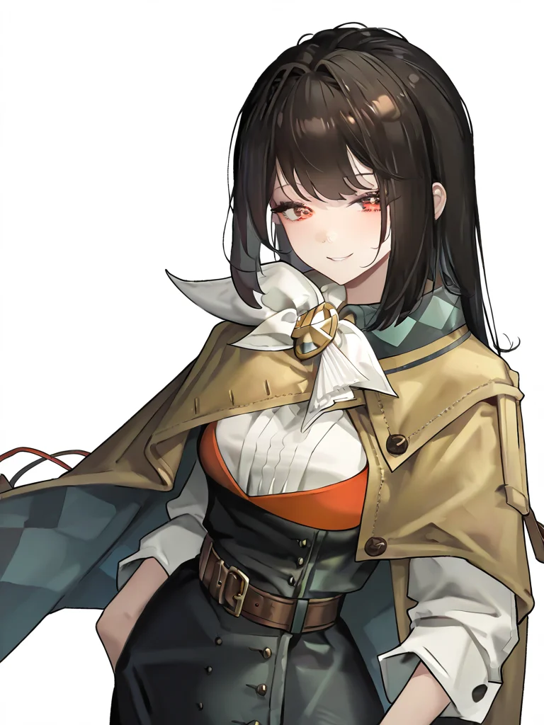 1girl,solo,looking at viewer,(semmelweis\(before\):1.2),simple background,white background,smile,cowboy shot,<lora:semmelweis-000012:0.9>,no headwear,, masterpiece, best quality, very aesthetic, absurdres,newest, incredibly absurdres,