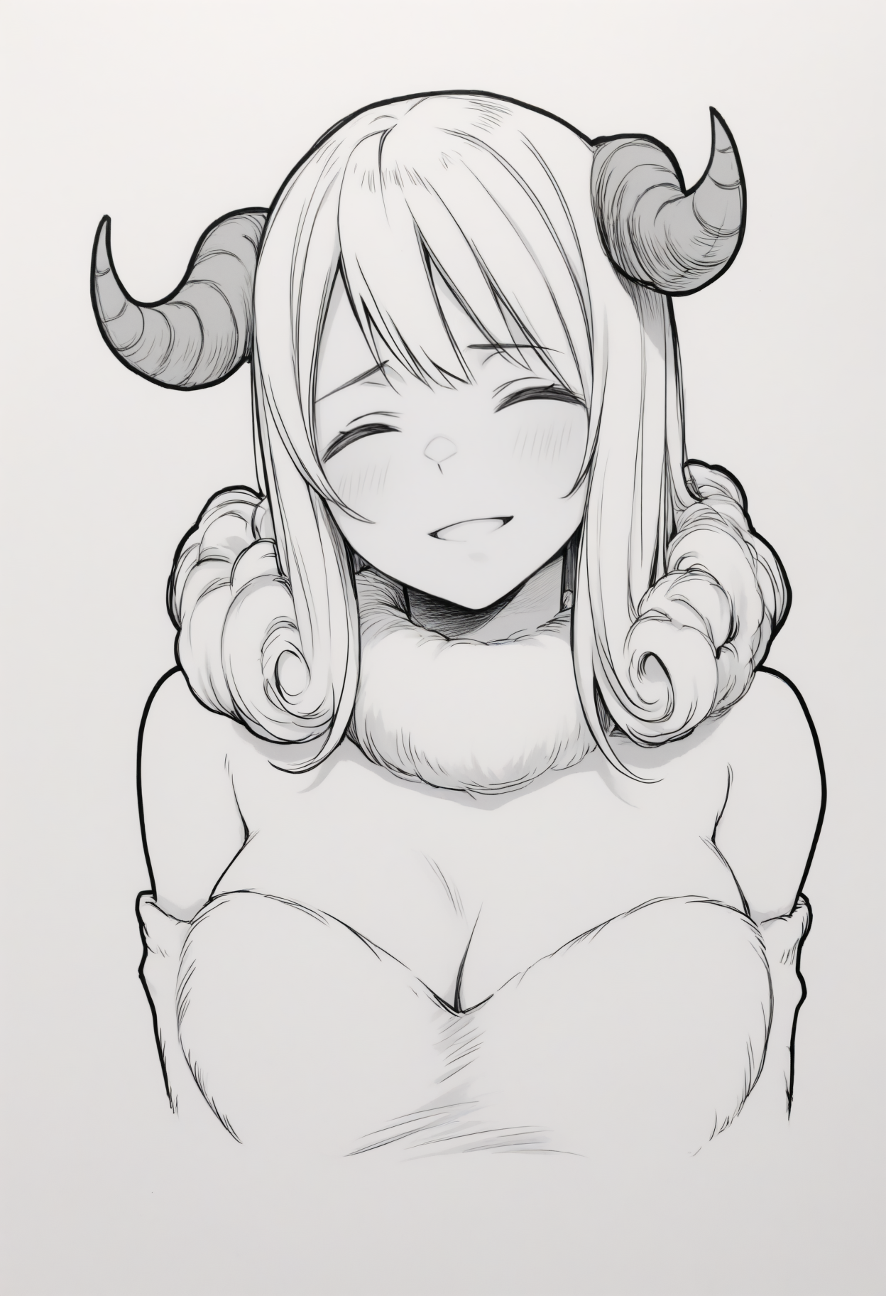 masterpiece, best quality, 1girl, solo, Ar1es, medium hair, hair curls, horns, white fur collar, fur dress, white dress, off-shoulder dress, bare shoulders, detached sleeves, fur sleeves, simple background, cropped torso, parted lips, greyscale, monochrome, lineart, sketch, graphite \(medium\), traditional media, head tilt, closed eyes, smile, :d, blush, three quarter view, portrait, <lora:ChamAriesNoob:1>
