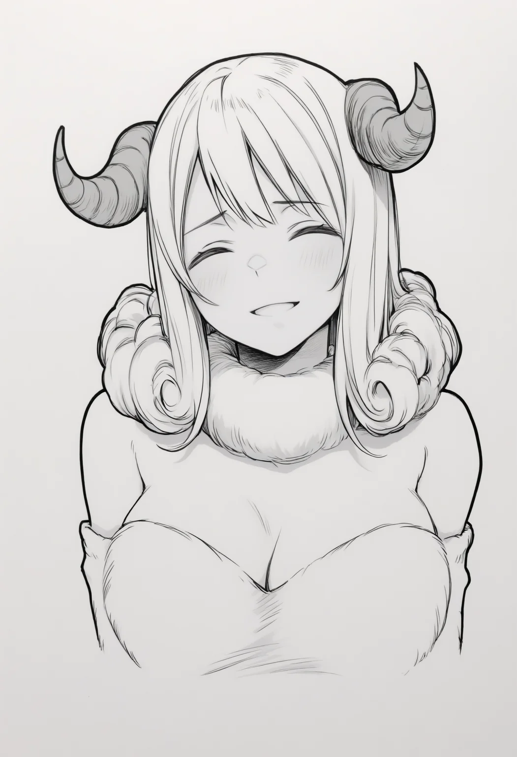 masterpiece, best quality, 1girl, solo, Ar1es, medium hair, hair curls, horns, white fur collar, fur dress, white dress, off-shoulder dress, bare shoulders, detached sleeves, fur sleeves, simple background, cropped torso, parted lips, greyscale, monochrome, lineart, sketch, graphite \(medium\), traditional media, head tilt, closed eyes, smile, :d, blush, three quarter view, portrait, <lora:ChamAriesNoob:1>